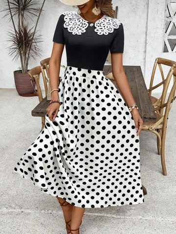 Women's Elegant Contrast Color Lace Short Sleeve Top And Polka Dot Print Skirt Set For Summer Women's Elegant Contrast Color Lace Short Sleeve Top And Polka Dot Print Skirt Set For Summer