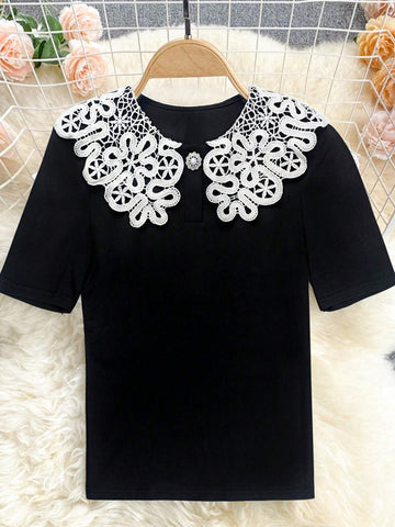 Women's Elegant Contrast Color Lace Short Sleeve Top And Polka Dot Print Skirt Set For Summer Women's Elegant Contrast Color Lace Short Sleeve Top And Polka Dot Print Skirt Set For Summer