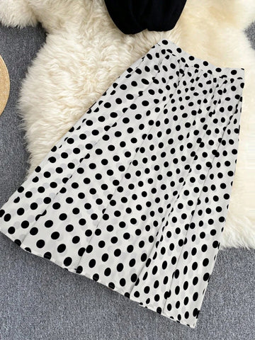 Women's Elegant Contrast Color Lace Short Sleeve Top And Polka Dot Print Skirt Set For Summer Women's Elegant Contrast Color Lace Short Sleeve Top And Polka Dot Print Skirt Set For Summer