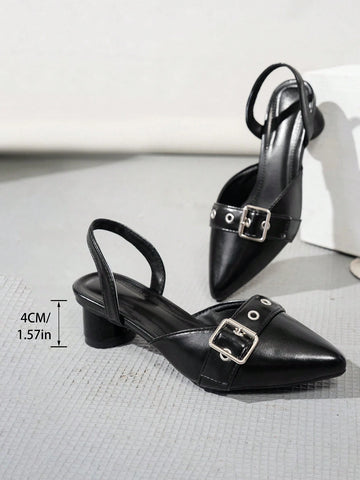 Women's Elegant Fashion Buckle Decor Pointed-Toe Slingback Pumps With Round Chunky Heels, Women's Elegant Fashion Buckle Decor Pointed-Toe Slingback Pumps With Round Chunky Heels,