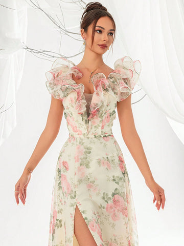 Women's Elegant Floral Print Net Yarn Dinner Dress With Frills Women's Elegant Floral Print Net Yarn Dinner Dress With Frills