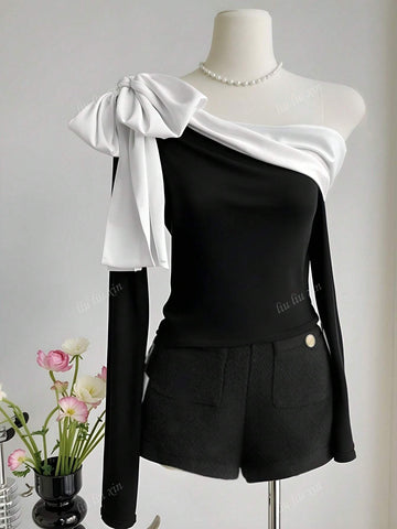 Women's Elegant Off Shoulder Black And White Contrast Tie Bow Bodycon Cold Shoulder T-Shirt, Autumn/Winter Women's Elegant Off Shoulder Black And White Contrast Tie Bow Bodycon Cold Shoulder T-Shirt, Autumn/Winter