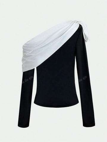 Women's Elegant Off Shoulder Black And White Contrast Tie Bow Bodycon Cold Shoulder T-Shirt, Autumn/Winter Women's Elegant Off Shoulder Black And White Contrast Tie Bow Bodycon Cold Shoulder T-Shirt, Autumn/Winter