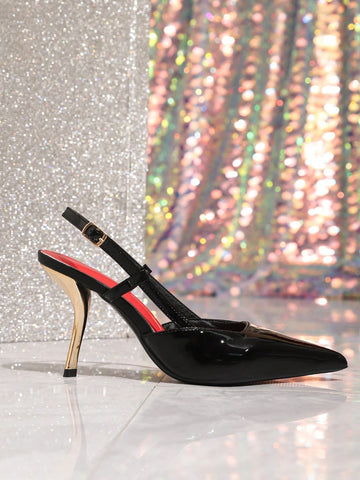 Women's Elegant Peep Toe High Heel Shoes, Burgundy Patent Leather Pointed Toe With Metallic Buckle Ankle Women's Elegant Peep Toe High Heel Shoes, Burgundy Patent Leather Pointed Toe With Metallic Buckle Ankle