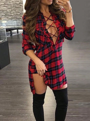 Women's Elegant Plaid Tie-Waist Split Hem Dress, Spring/Summer Women's Elegant Plaid Tie-Waist Split Hem Dress, Spring/Summer