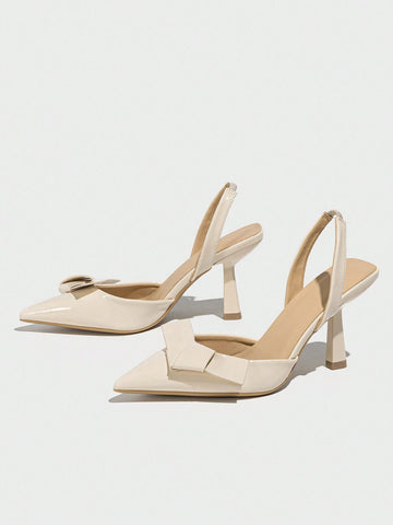 Women's Elegant Pointed Toe Slingback PU Leather Pumps With Bowknot Decor, Women's Elegant Pointed Toe Slingback PU Leather Pumps With Bowknot Decor,