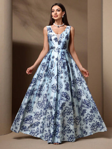 Women's Elegant Sleeveless Bridesmaid Dress With Floral Print And Mesh Patchwork Women's Elegant Sleeveless Bridesmaid Dress With Floral Print And Mesh Patchwork