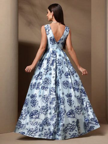 Women's Elegant Sleeveless Bridesmaid Dress With Floral Print And Mesh Patchwork Women's Elegant Sleeveless Bridesmaid Dress With Floral Print And Mesh Patchwork