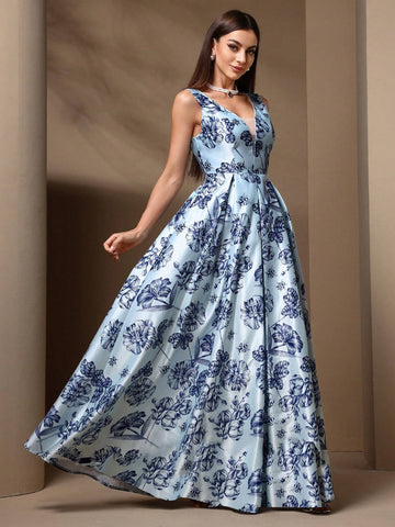 Women's Elegant Sleeveless Bridesmaid Dress With Floral Print And Mesh Patchwork Women's Elegant Sleeveless Bridesmaid Dress With Floral Print And Mesh Patchwork