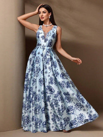 Women's Elegant Sleeveless Bridesmaid Dress With Floral Print And Mesh Patchwork Women's Elegant Sleeveless Bridesmaid Dress With Floral Print And Mesh Patchwork