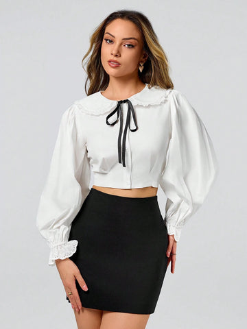 Women's Elegant Solid Color Bell Sleeve Lace Patchwork Blouse Women's Elegant Solid Color Bell Sleeve Lace Patchwork Blouse