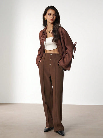 Women's Elegant Solid Color Metal Buckle Slim Fit Straight Leg Pants, Suitable For Office Wear Women's Elegant Solid Color Metal Buckle Slim Fit Straight Leg Pants, Suitable For Office Wear