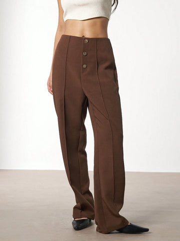 Women's Elegant Solid Color Metal Buckle Slim Fit Straight Leg Pants, Suitable For Office Wear Women's Elegant Solid Color Metal Buckle Slim Fit Straight Leg Pants, Suitable For Office Wear