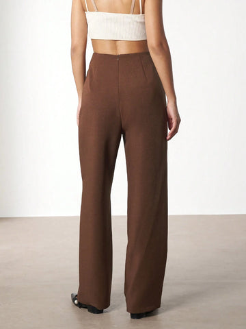 Women's Elegant Solid Color Metal Buckle Slim Fit Straight Leg Pants, Suitable For Office Wear Women's Elegant Solid Color Metal Buckle Slim Fit Straight Leg Pants, Suitable For Office Wear