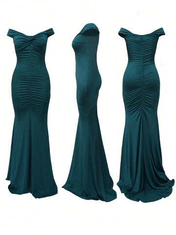 Women's Elegant Solid Color V-Neck Off-Shoulder Ruffle High Slit Maxi Dress With Train Women's Elegant Solid Color V-Neck Off-Shoulder Ruffle High Slit Maxi Dress With Train