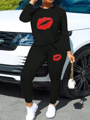 Women's Fall Black Crew Neck Long Sleeve T-Shirt And Pants Casual Suit, Everyday Soft And Comfortable, Fashionable Big Red Lip Print Pattern, Elastic Polyester Blend, Machine Washable Women's Fall Black Crew Neck Long Sleeve T-Shirt And Pants Casual Suit, Everyday Soft And Comfortable, Fashionable Big Red Lip Print Pattern, Elastic Polyester Blend, Machine Washable