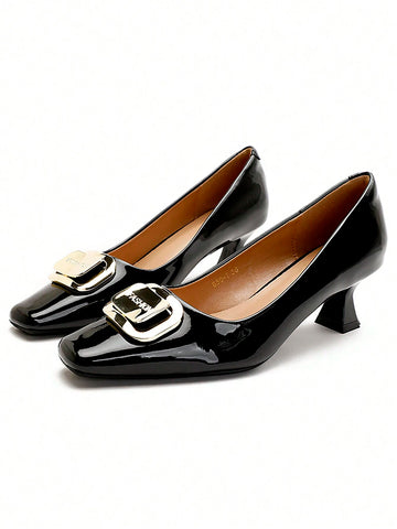 Women's Fashion Metal Decor Patent Leather Pointed Toe Slip-On High Heel Pumps Women's Fashion Metal Decor Patent Leather Pointed Toe Slip-On High Heel Pumps