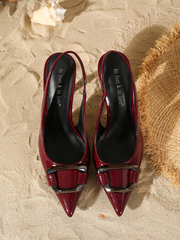 Women's Fashion Patent Leather Pointed Toe Slip-On High Heel Pumps With Metal Buckle Women's Fashion Patent Leather Pointed Toe Slip-On High Heel Pumps With Metal Buckle