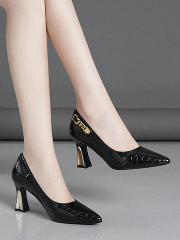 Women's Fashionable & Comfortable Black Check Pattern Slip-On High Heel Pumps Women's Fashionable & Comfortable Black Check Pattern Slip-On High Heel Pumps