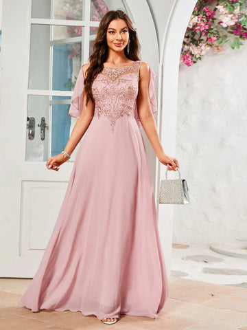 Women's Floral Embroidery & Splicing Chiffon Formal Dress Women's Floral Embroidery & Splicing Chiffon Formal Dress
