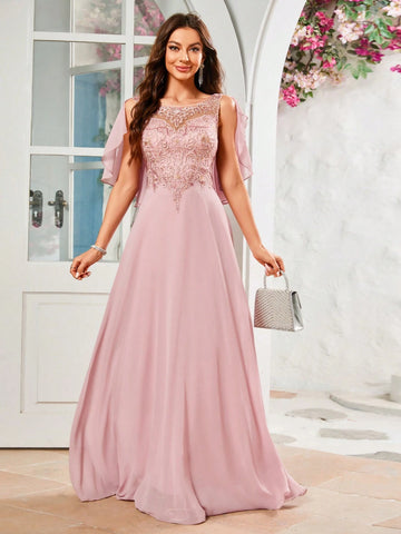 Women's Floral Embroidery & Splicing Chiffon Formal Dress Women's Floral Embroidery & Splicing Chiffon Formal Dress