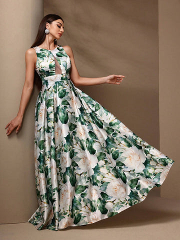Women's Floral Print Round Neck Sleeveless Bridesmaid Dress With Mesh Patchwork For Summer Women's Floral Print Round Neck Sleeveless Bridesmaid Dress With Mesh Patchwork For Summer