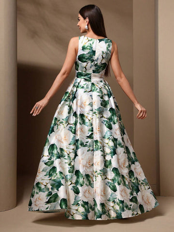 Women's Floral Print Round Neck Sleeveless Bridesmaid Dress With Mesh Patchwork For Summer Women's Floral Print Round Neck Sleeveless Bridesmaid Dress With Mesh Patchwork For Summer