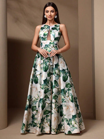 Women's Floral Print Round Neck Sleeveless Bridesmaid Dress With Mesh Patchwork For Summer Women's Floral Print Round Neck Sleeveless Bridesmaid Dress With Mesh Patchwork For Summer