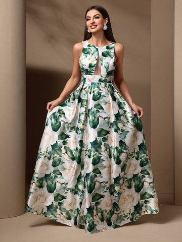 Women's Floral Print Round Neck Sleeveless Bridesmaid Dress With Mesh Patchwork For Summer Women's Floral Print Round Neck Sleeveless Bridesmaid Dress With Mesh Patchwork For Summer