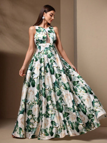 Women's Floral Print Round Neck Sleeveless Bridesmaid Dress With Mesh Patchwork For Summer Women's Floral Print Round Neck Sleeveless Bridesmaid Dress With Mesh Patchwork For Summer