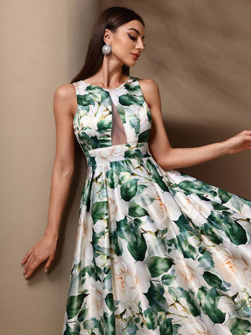 Women's Floral Print Round Neck Sleeveless Bridesmaid Dress With Mesh Patchwork For Summer Women's Floral Print Round Neck Sleeveless Bridesmaid Dress With Mesh Patchwork For Summer