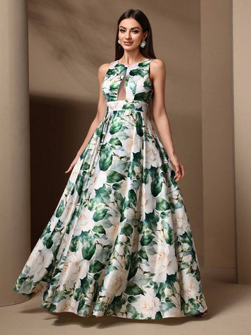 Women's Floral Print Round Neck Sleeveless Bridesmaid Dress With Mesh Patchwork For Summer Women's Floral Print Round Neck Sleeveless Bridesmaid Dress With Mesh Patchwork For Summer