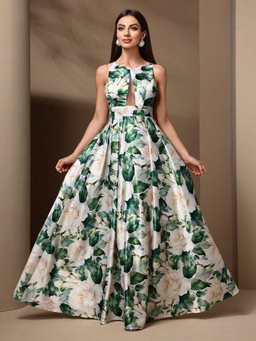 Women's Floral Print Round Neck Sleeveless Bridesmaid Dress With Mesh Patchwork For Summer Women's Floral Print Round Neck Sleeveless Bridesmaid Dress With Mesh Patchwork For Summer