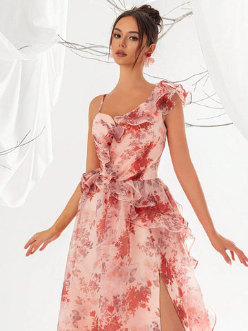Women's Floral Printed Mesh Frill Trim Evening Dress With Long Hemline Women's Floral Printed Mesh Frill Trim Evening Dress With Long Hemline