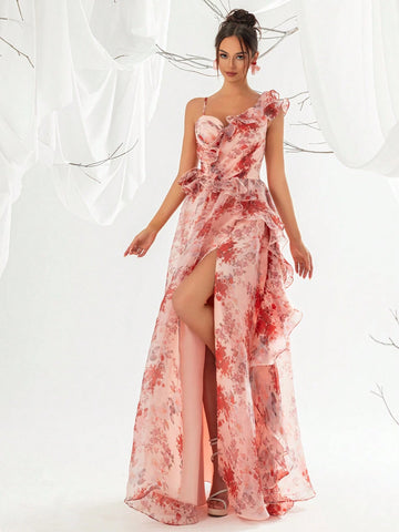 Women's Floral Printed Mesh Frill Trim Evening Dress With Long Hemline Women's Floral Printed Mesh Frill Trim Evening Dress With Long Hemline
