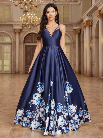Women's Floral Printed Spaghetti Strap Elegant Sleeveless Bridesmaid Dress, Summer Women's Floral Printed Spaghetti Strap Elegant Sleeveless Bridesmaid Dress, Summer