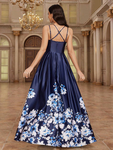 Women's Floral Printed Spaghetti Strap Elegant Sleeveless Bridesmaid Dress, Summer Women's Floral Printed Spaghetti Strap Elegant Sleeveless Bridesmaid Dress, Summer
