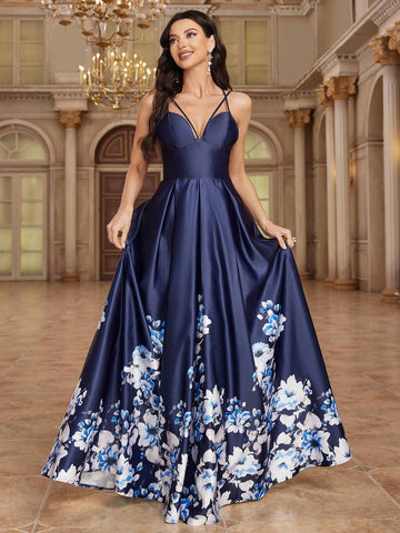 Women's Floral Printed Spaghetti Strap Elegant Sleeveless Bridesmaid Dress, Summer Women's Floral Printed Spaghetti Strap Elegant Sleeveless Bridesmaid Dress, Summer