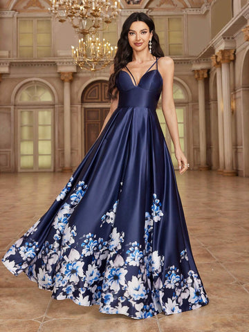 Women's Floral Printed Spaghetti Strap Elegant Sleeveless Bridesmaid Dress, Summer Women's Floral Printed Spaghetti Strap Elegant Sleeveless Bridesmaid Dress, Summer