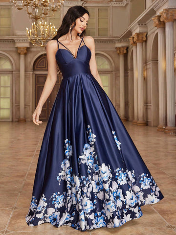 Women's Floral Printed Spaghetti Strap Elegant Sleeveless Bridesmaid Dress, Summer Women's Floral Printed Spaghetti Strap Elegant Sleeveless Bridesmaid Dress, Summer