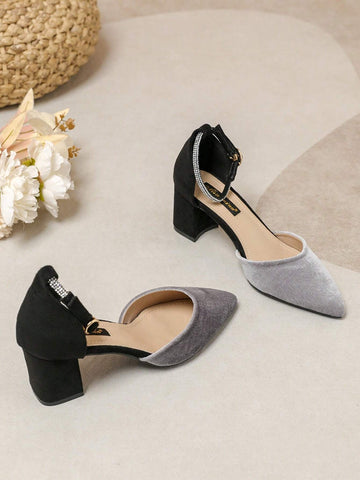 Women's French Style Velvet Fashion Silver & Black Contrast Color Crystal Embellished Women's French Style Velvet Fashion Silver & Black Contrast Color Crystal Embellished