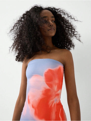 Women's Hand-Painted Printed Tube Top Hem Slit Cocktail Party Modified Dress Women's Hand-Painted Printed Tube Top Hem Slit Cocktail Party Modified Dress