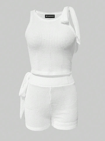 Women's Knitted Vest Top And Shorts Set With Knot Detail And Waffle Pattern Women's Knitted Vest Top And Shorts Set With Knot Detail And Waffle Pattern