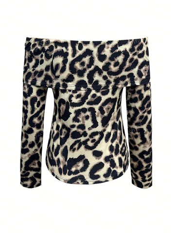 Women's Leopard Print Off-Shoulder Long Sleeve T-Shirt, Casual For Autumn Women's Leopard Print Off-Shoulder Long Sleeve T-Shirt, Casual For Autumn