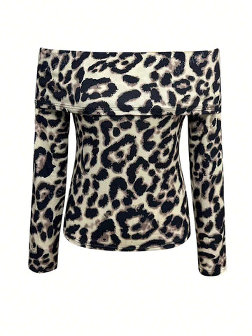 Women's Leopard Print Off-Shoulder Long Sleeve T-Shirt, Casual For Autumn Women's Leopard Print Off-Shoulder Long Sleeve T-Shirt, Casual For Autumn