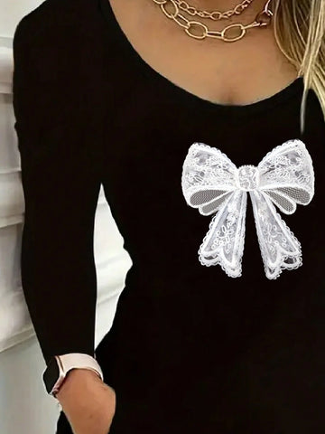 Women's Long-Sleeved Short Dress Simple Fashion Casual Daily, Printed With Silk Bow Pattern, Women's Long-Sleeved Short Dress Simple Fashion Casual Daily, Printed With Silk Bow Pattern,