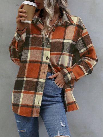 Women's Loose Drop Shoulder Long Sleeve Casual Plaid Print Button-Front Shirt, Autumn Women's Loose Drop Shoulder Long Sleeve Casual Plaid Print Button-Front Shirt, Autumn