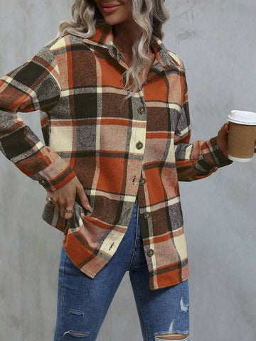 Women's Loose Drop Shoulder Long Sleeve Casual Plaid Print Button-Front Shirt, Autumn Women's Loose Drop Shoulder Long Sleeve Casual Plaid Print Button-Front Shirt, Autumn