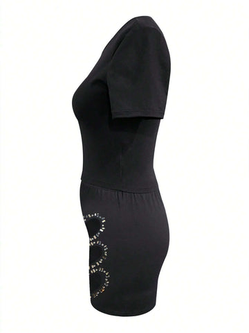 Women's Love Heart Rhinestone Decoration Short Sleeve T-Shirt And Shorts Set Women's Love Heart Rhinestone Decoration Short Sleeve T-Shirt And Shorts Set