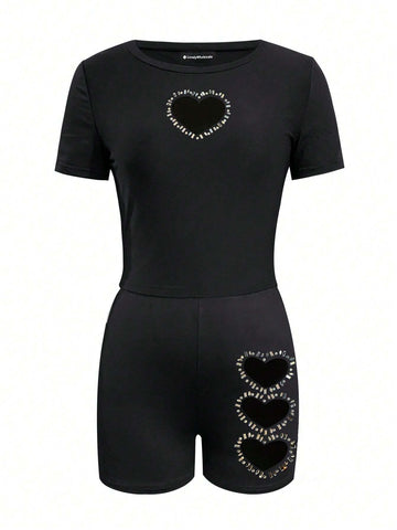 Women's Love Heart Rhinestone Decoration Short Sleeve T-Shirt And Shorts Set Women's Love Heart Rhinestone Decoration Short Sleeve T-Shirt And Shorts Set